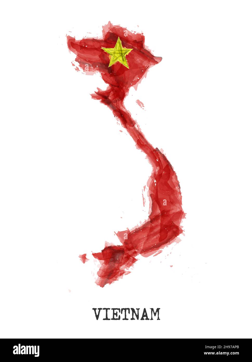 Vietnam mappa e bandiera acquerello disegno . Forma realistica del paese di disegno . Sfondo bianco isolato . Vettore . Illustrazione Vettoriale