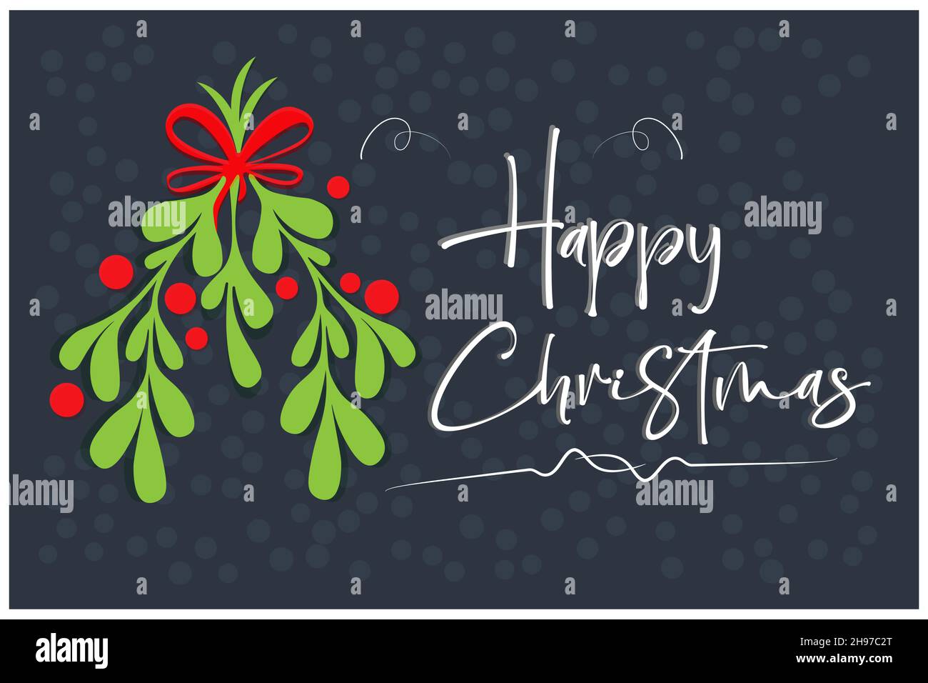 Felice Natale calligrafia bianca su uno sfondo scuro festivo con festa agrifoglio mazzo e neve. Ottimo per biglietti per le vacanze, striscioni, ecc - Vector EPS Illustrazione Vettoriale