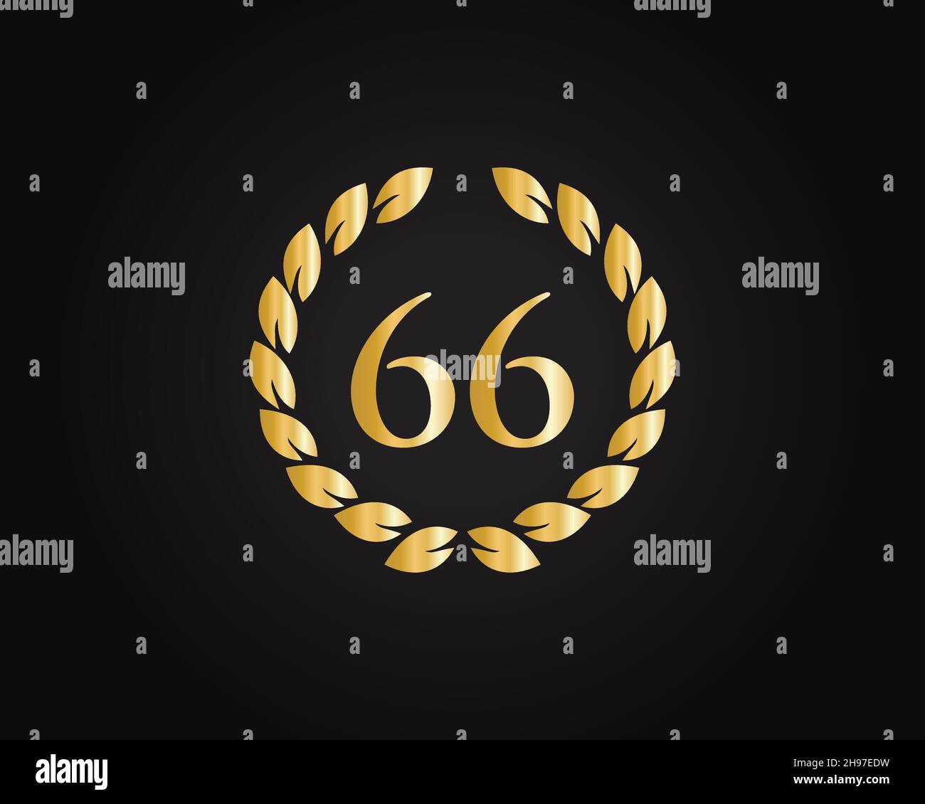 Modello di logo Ring per il 66° anniversario. Logo del 66° anniversario con anello dorato isolato su sfondo nero, per compleanno, anniversario e Società Illustrazione Vettoriale