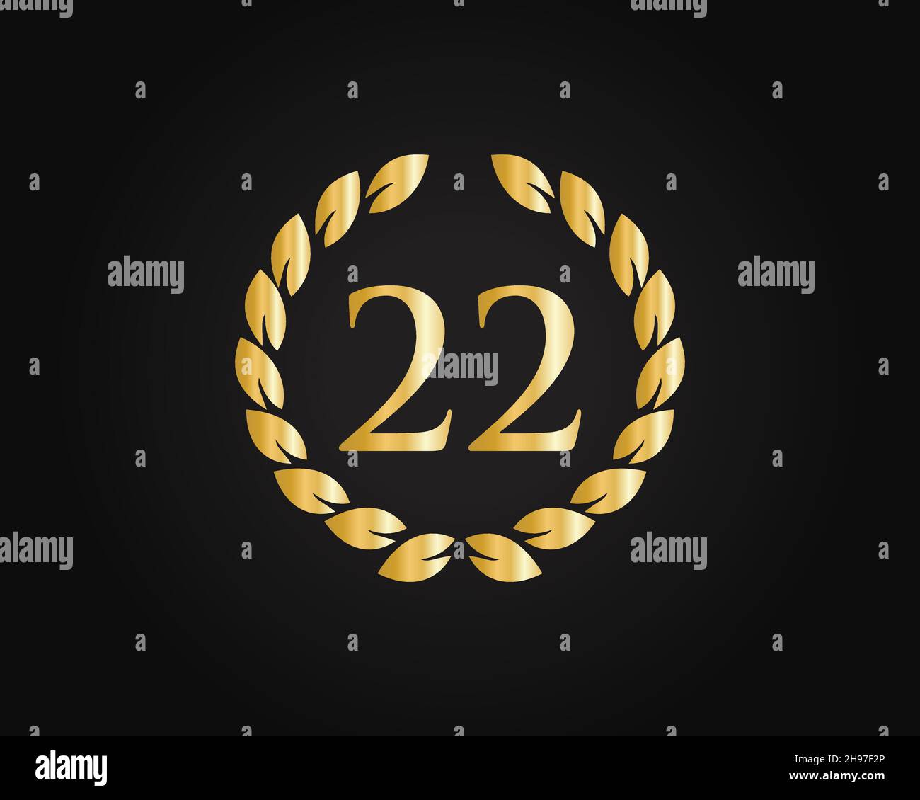Modello con logo ad anello per 22 anni. Logo 22 anni anniversario con anello dorato isolato su sfondo nero, per compleanno, anniversario Illustrazione Vettoriale
