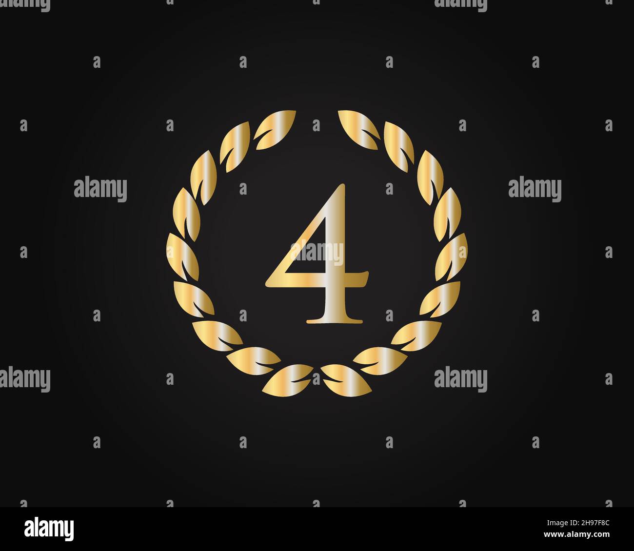 Modello di logo Ring per 4° anniversario. Logo 4° anniversario con anello d'oro isolato su sfondo nero, per compleanno, anniversario e Società Illustrazione Vettoriale