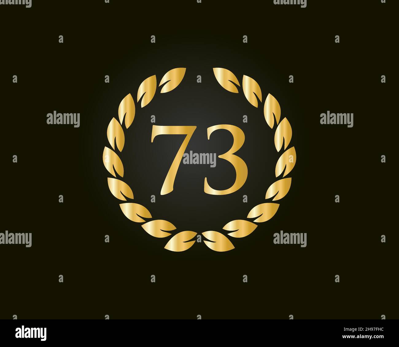 Modello di logo Anniversary Ring 73. Logo 73 anni anniversario con anello d'oro isolato su sfondo nero, per compleanno, anniversario e Società Illustrazione Vettoriale