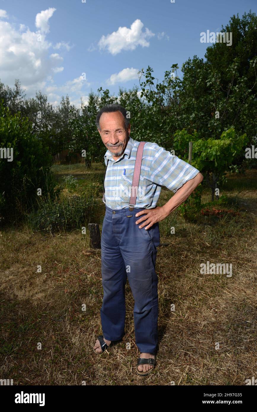 Portrait de Pierre Rabhi, philosophe, gremteur biologiste, romancier et poete franais, d'origine algerienne, inventeur du concept « Oasis en tous lieux » chez lui dans son jardin à Berrias-et-Casteljau, Francia le 23 Juin 2014. Ritratto di Pierre Rabhi, filosofo, biologo contadino, romanziere e poeta francese, di origine algerina, inventore del concetto 'Oasis in all Places' in casa nel suo giardino a Berrias-et-Casteljau, Francia il 23 giugno 2014. Foto di Soudan/ANDBZ/ABACAPRESS.COM Foto Stock