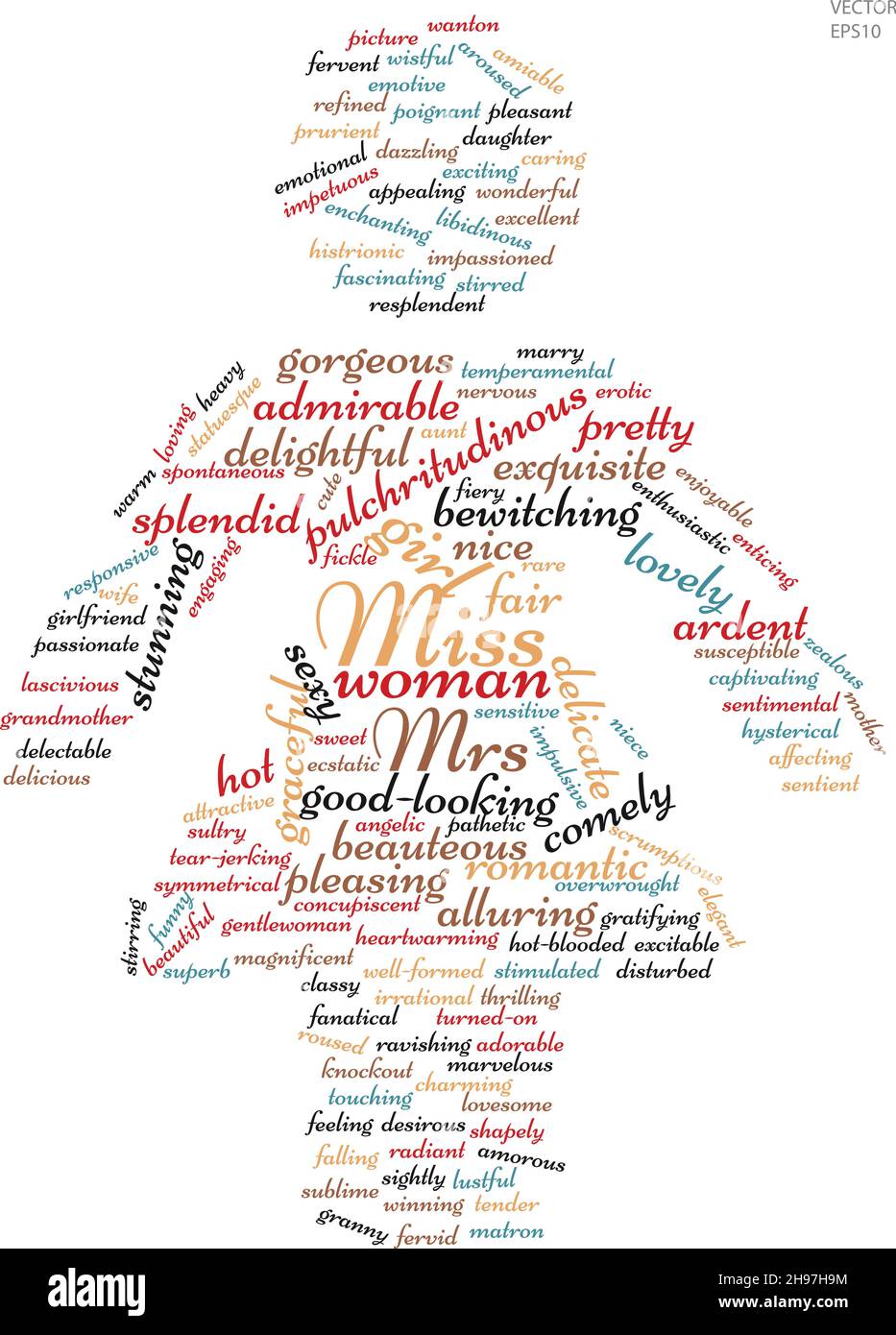 Donna tag cloud, femmina caratteristiche elenco parola illustrazione concettuale vettore Illustrazione Vettoriale