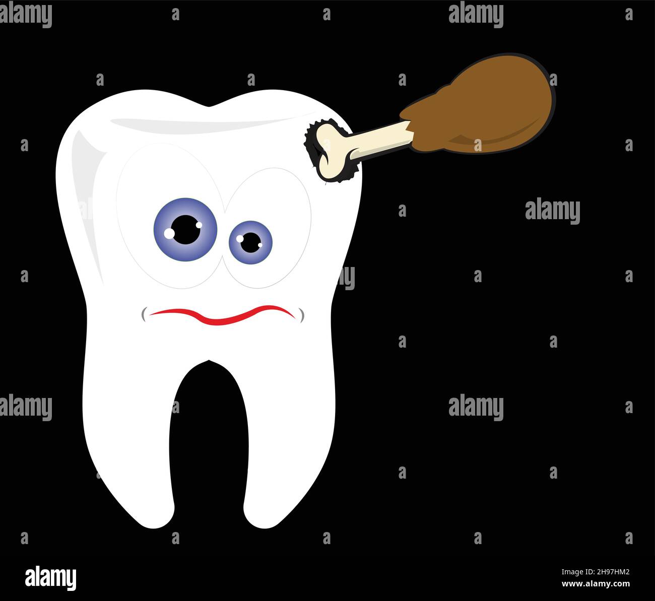 Un dente malato con una gamba di pollo bloccata in testa. Cura dentale medicina orale clipart Illustrazione Vettoriale