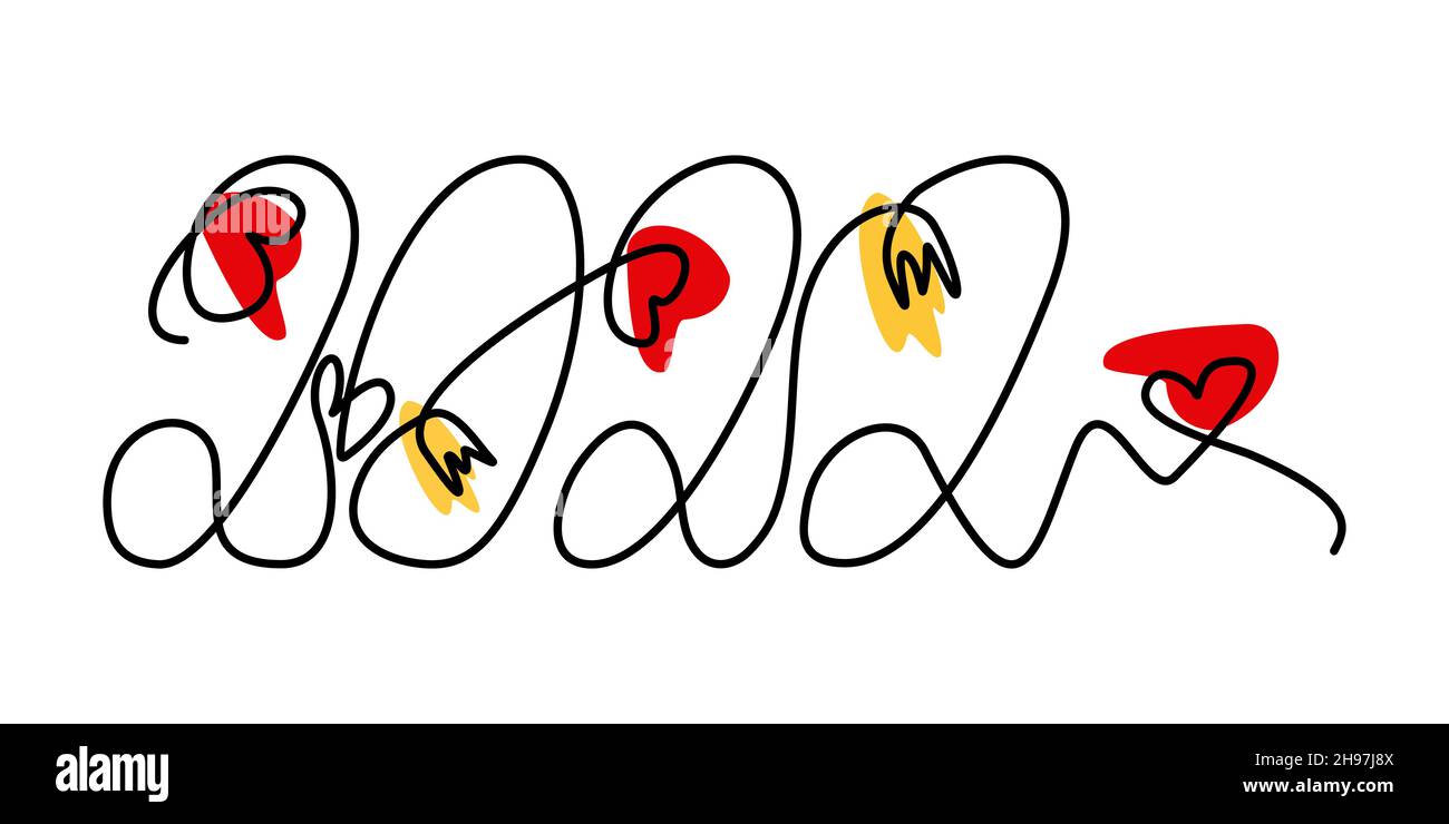 2022 lettere scritte a mano per le feste con decorazione a forma di cuori e tulipani su sfondo bianco con macchie colorate. Design e scritte per biglietti e auguri di Capodanno in uno stile minimalista. Illustrazione vettoriale Illustrazione Vettoriale
