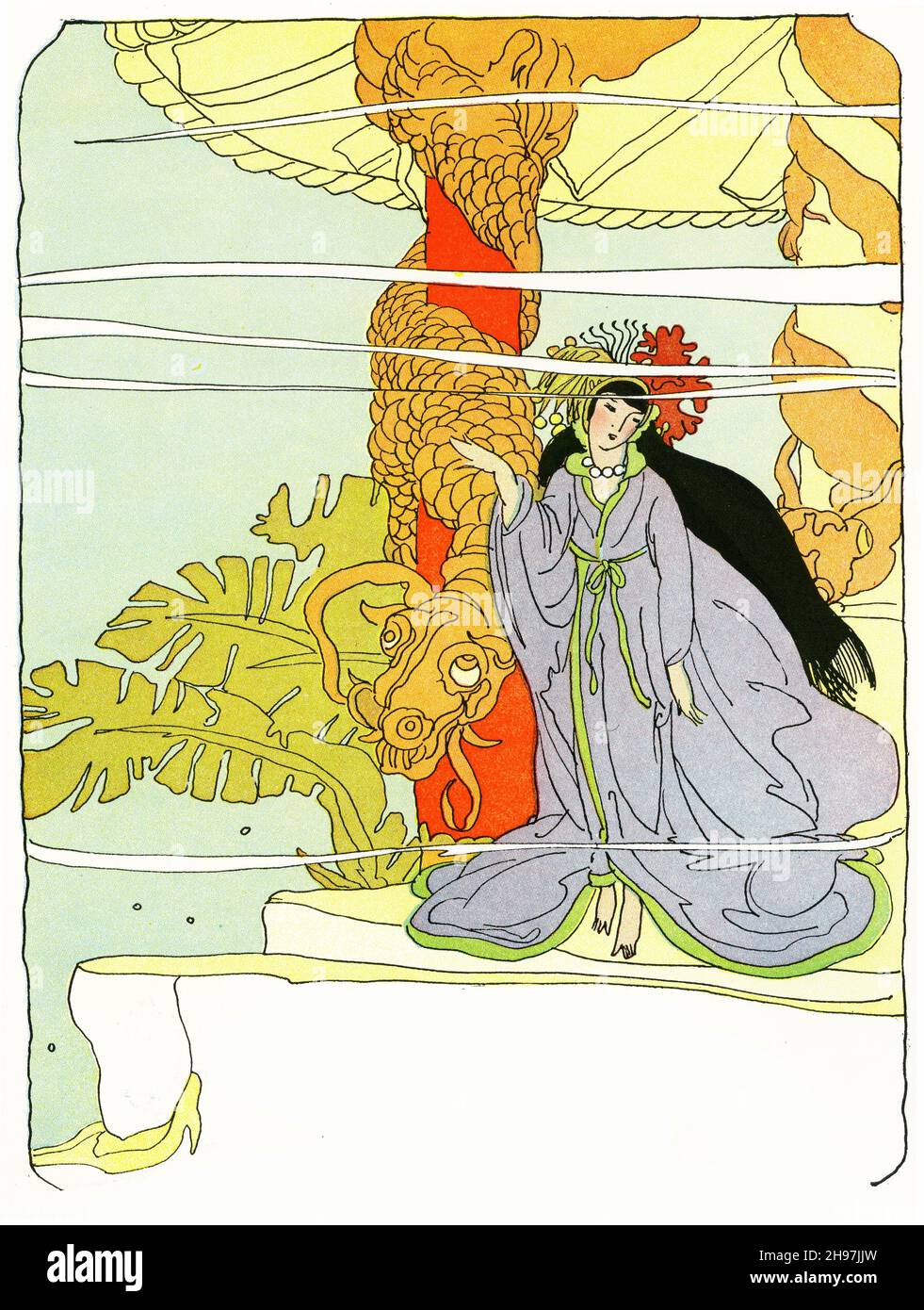 Illustrazione caratteristica della vita tradizionale in Giappone, con una mitica principessa e il suo drago; pubblicato circa 1928 Foto Stock
