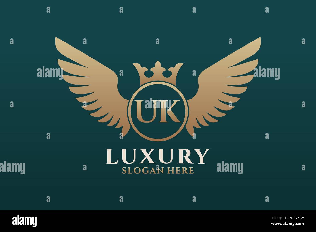 Luxury Royal Wing Letter UK crest Gold color Logo vector, Victory logo, crest logo, wing logo, Vector logo . Illustrazione Vettoriale