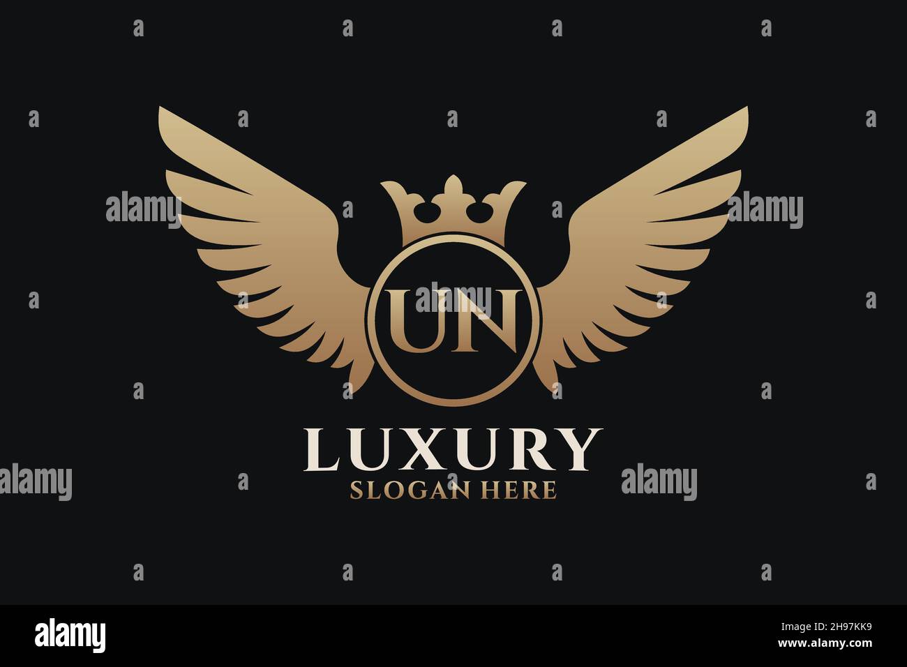 Luxury Royal Wing Letter un crest colore Gold Logo vector, Victory logo, crest logo, wing logo, Vector logo . Illustrazione Vettoriale