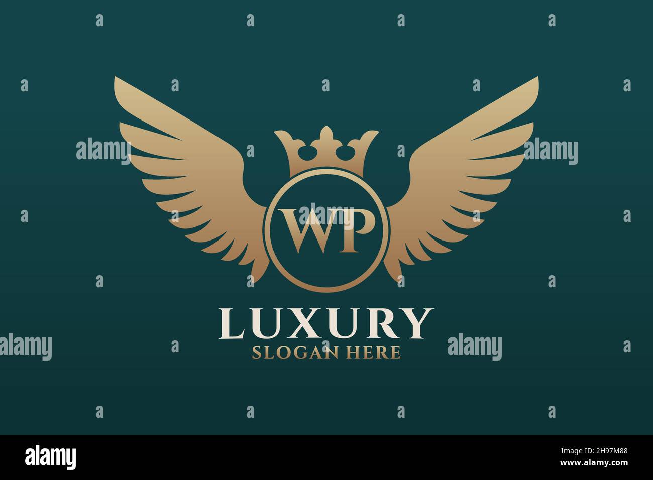 Luxury Royal Wing Letter WP crest Gold color Logo Vector, Victory logo, crest logo, wing logo, Vector logo . Illustrazione Vettoriale