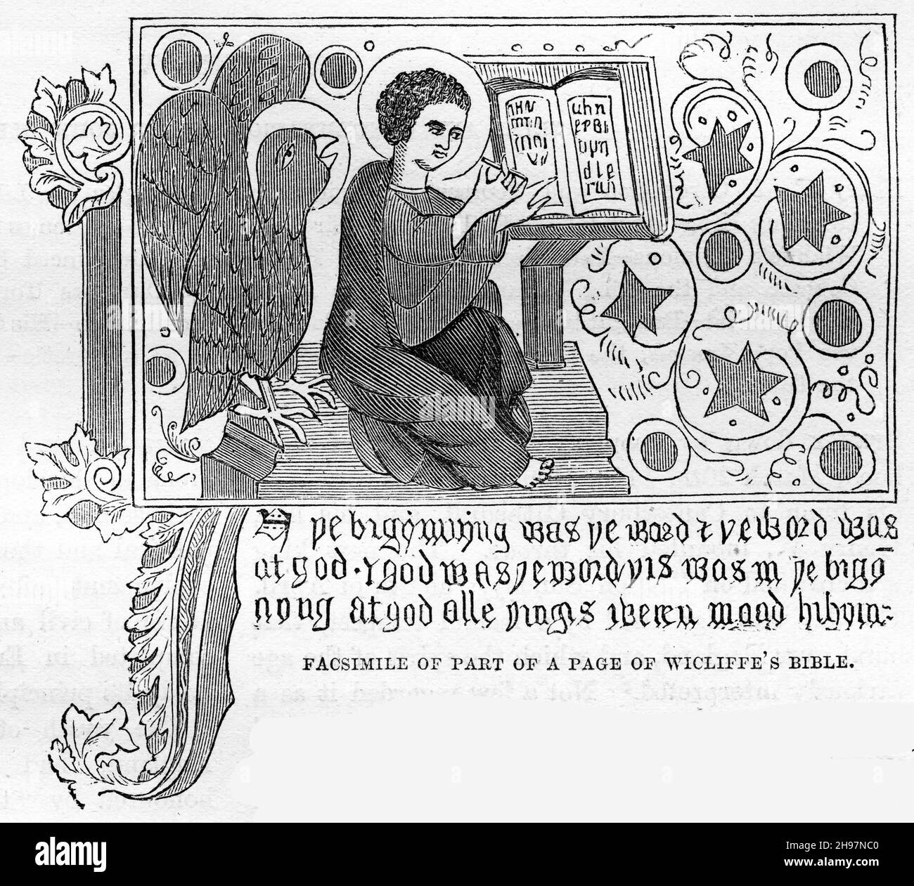 Facsimile di una pagina di una Bibbia di John Wycliffe, che mostra il primo verso del vangelo di John. Foto Stock