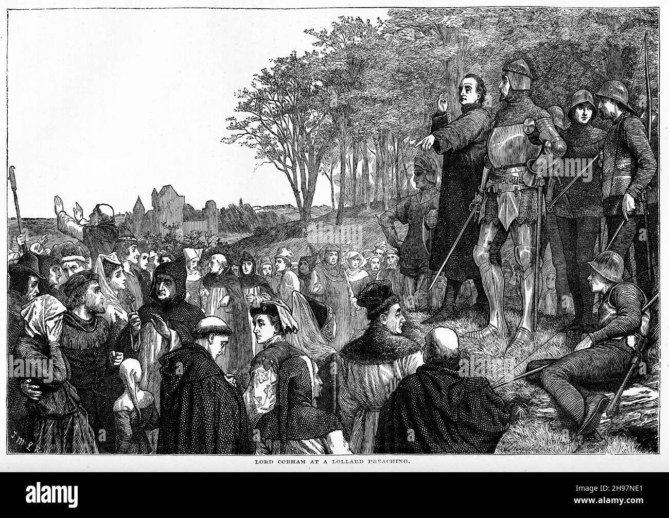 Incisione di Lord Cobham rivolgendosi a un gruppo di Lollards, circa 1400, in Inghilterra, mentre li agitava in ribellione contro Enrico V. fu poi bruciato al palo. Foto Stock