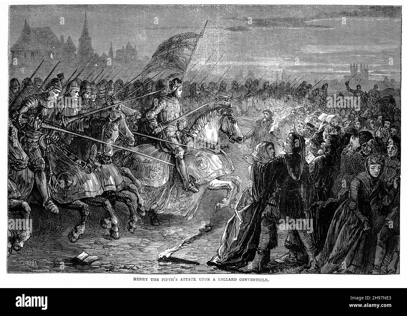 Incisione di Enrico V (1386 – 1422) attaccando i Lollards in un incontro in Inghilterra Foto Stock