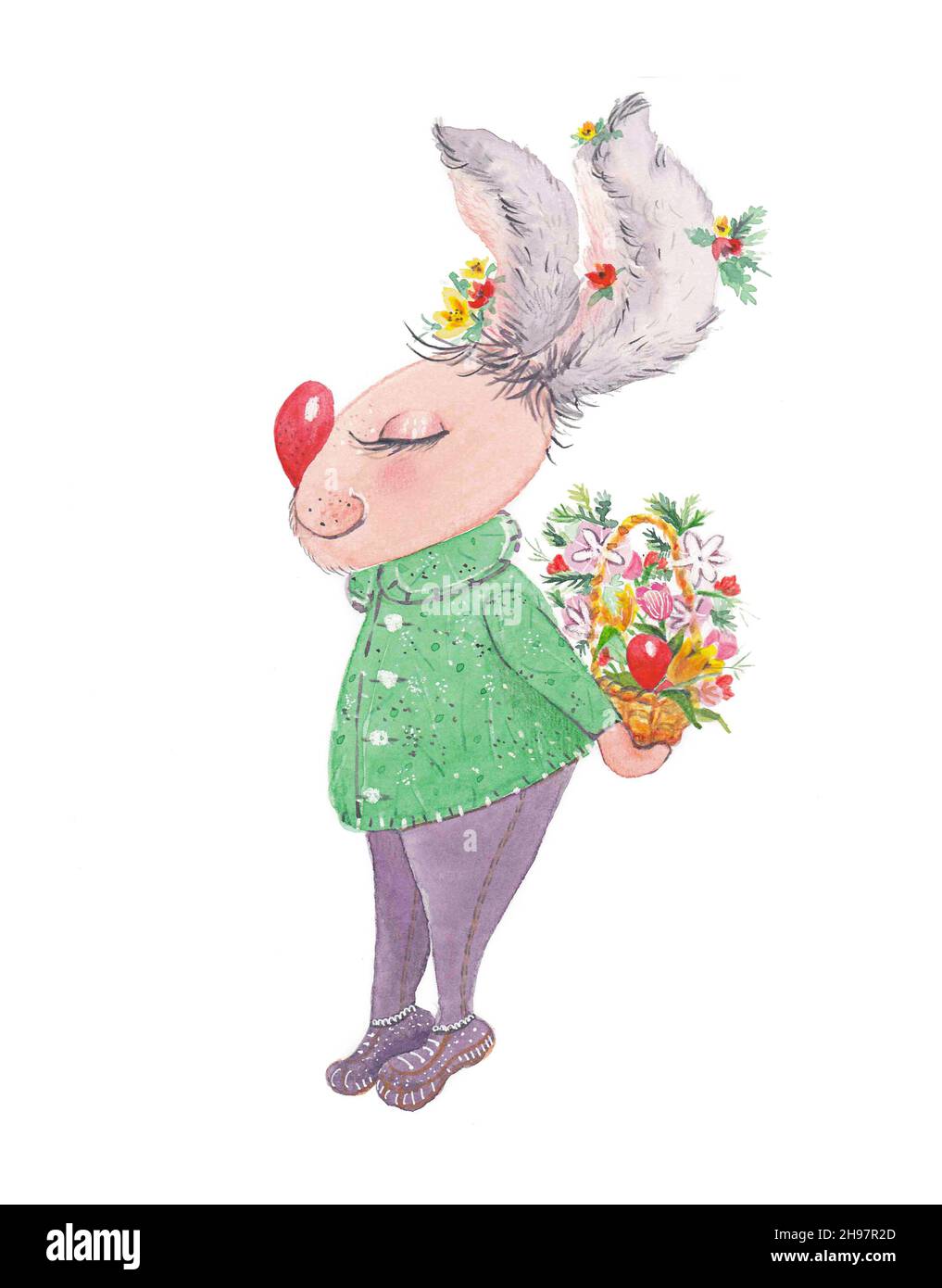Acquerello del coniglio di Pasqua. Un coniglio tiene un cesto con fiori e uova di Pasqua dietro uno spip Foto Stock