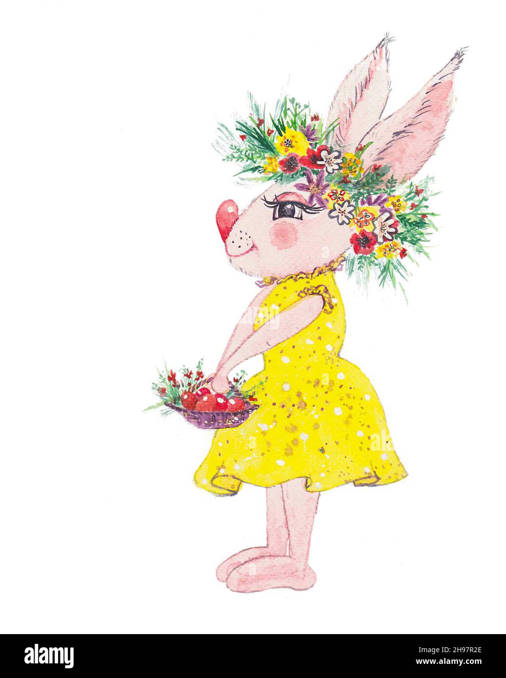 Acquerello del coniglio di Pasqua. Ragazza di coniglio con un cestino di fiori Foto Stock