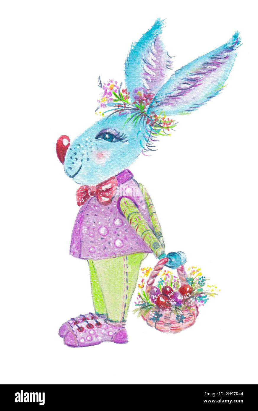 Coniglietto di Pasqua con un cestino di fiori acquerello Foto Stock