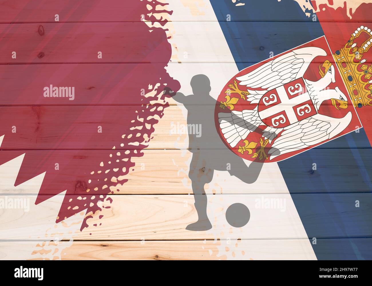 Bandiere di Serbia e Qatar, giocatore di calcio con palla in azione, grunge, su sfondo di legno, illustrazione Foto Stock