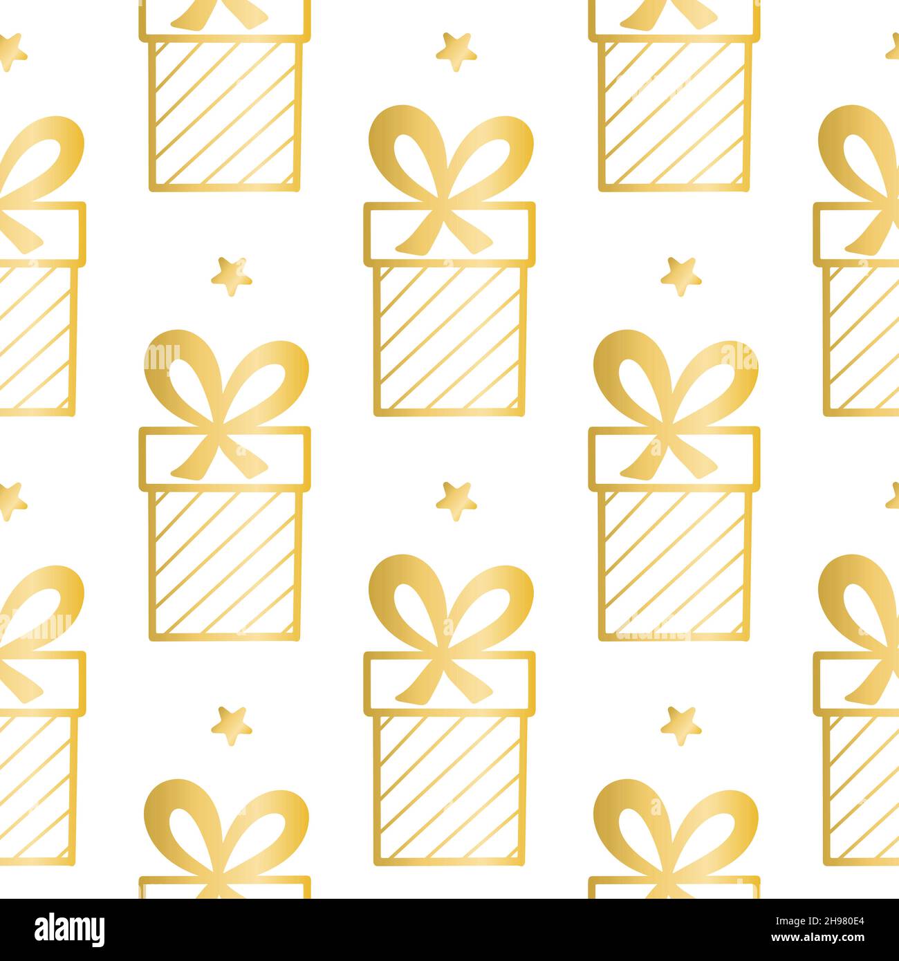 Regali in oro su sfondo bianco motivo senza cuciture. Sfondo con caselle d'oro e illustrazione vettoriale delle stelle. Modello per imballaggi per le festività, carta e w Illustrazione Vettoriale