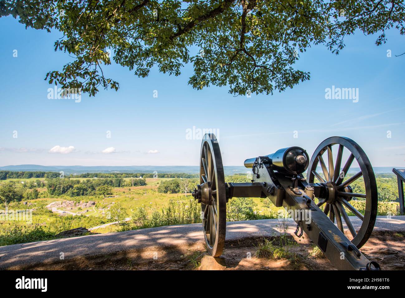 Canon a testa tonda puntata sul campo di battaglia di Gettysburg, USA Foto Stock
