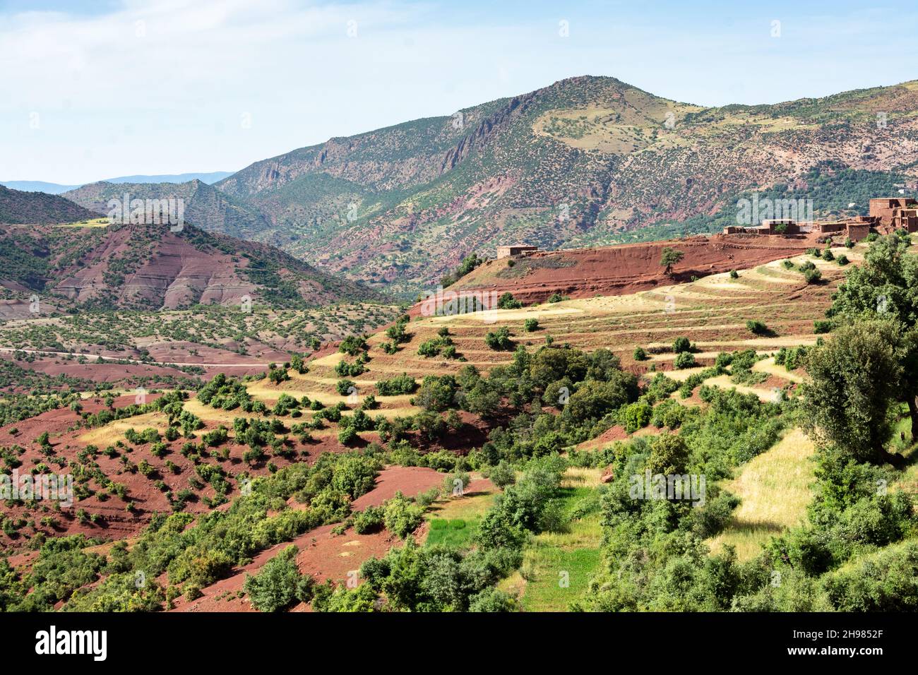 Nelle montagne dell'Atlante in Marocco. Un paese e un'azienda agricola dominano le colture terrazzate sulle pendici della valle dell'Ait Boulli Foto Stock