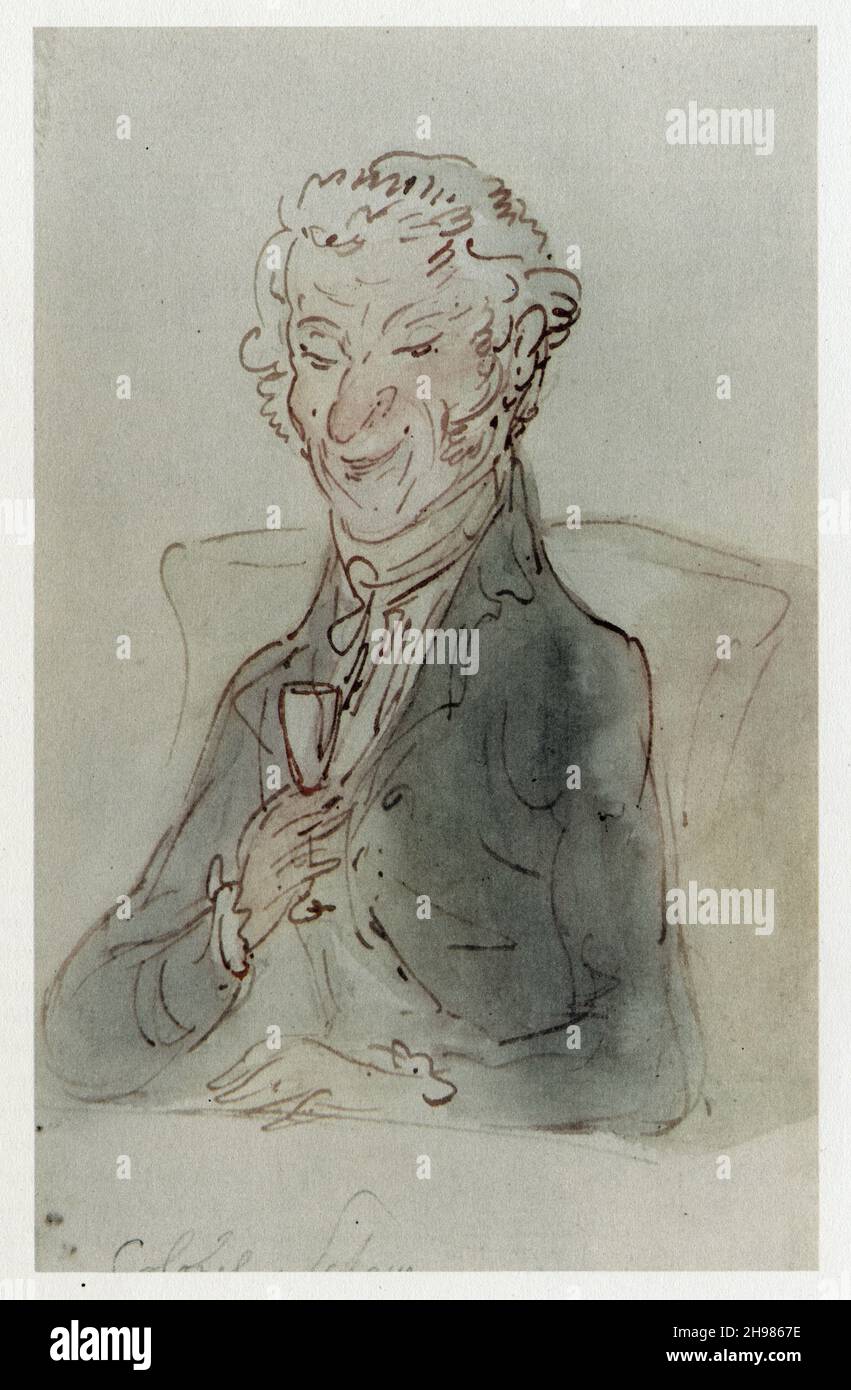 Colonel Seaham, fine del XVIII-inizio del XIX secolo. "Un esempio eccezionale di ritratto di Rowlandson è qui illustrato in "Colonel Seaham". Riteniamo che se questa caratterizzazione fosse stata portata oltre, molto sarebbe stato perso. Non ci vuole un volo d'immaginazione per leggere la personalità di questo Signore. Il colore è incidentale, perché la grandezza in questa leggera ma estremamente discernente impressione è nella rappresentazione lineare'. Da "The Watercolor drawings of Thomas Rowlandson from the Albert H. Wiggin Collection in the Boston Public Library" con commento di Arthur Foto Stock