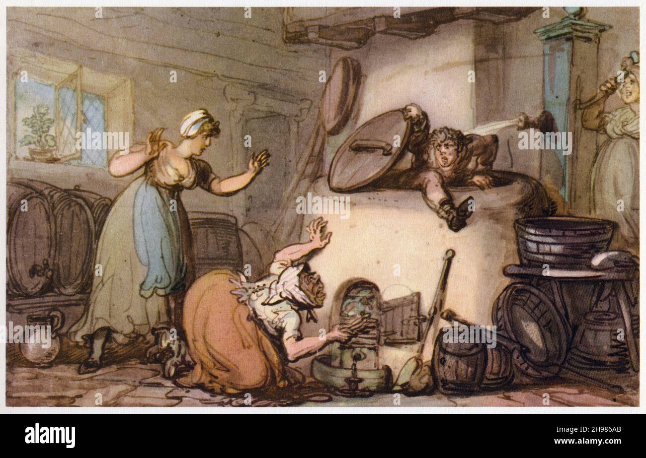 Il doppio disastro, 1807. '...uno swain rustico, le cui filosofie lo hanno sbarcato in mezzo alle perplessità di un doppio dilemma. È apparentemente 'giorno di lavaggio,' E l'intruso galante ha effettuato la sua ammissione alla corte le grazie di una bella fanciulla... la coppia è stata evidentemente disturbata nel momento in cui la signora era impegnata a disegnare una tazza di ale per il rinfresco del suo ammiratore... il rubinetto del barile di birra è ancora lasciato in esecuzione, e tutta la sollecitudine della cameriera è centrata nella posizione del suo swain, che ha incautamente preso rifugio nel rame. Un vecchio b molto sgradevole Foto Stock