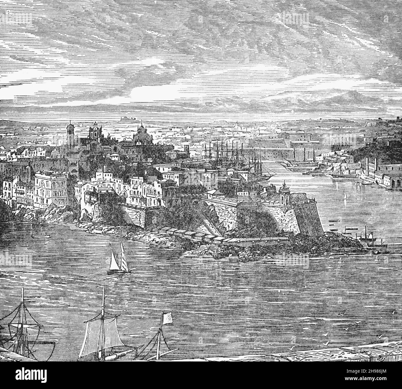 Un'illustrazione di fine XIX secolo del Grand Harbour, un porto naturale sull'isola di Malta. Originariamente la base per l'Ordine di San Giovanni dal 1530 al 1798, migliorarono le sue fortificazioni, ricostruendo il Forte Sant'Angelo. L'area fu teatro di gran parte dei combattimenti nel Grande Assedio di Malta del 1565, quando gli Ottomani tentarono di espellere l'Ordine di San Giovanni, ma furono sconfitti. Dopo l'assedio, la capitale della Valletta fu costruita sulla penisola di Siberras sulla sponda nord-occidentale del porto. Foto Stock