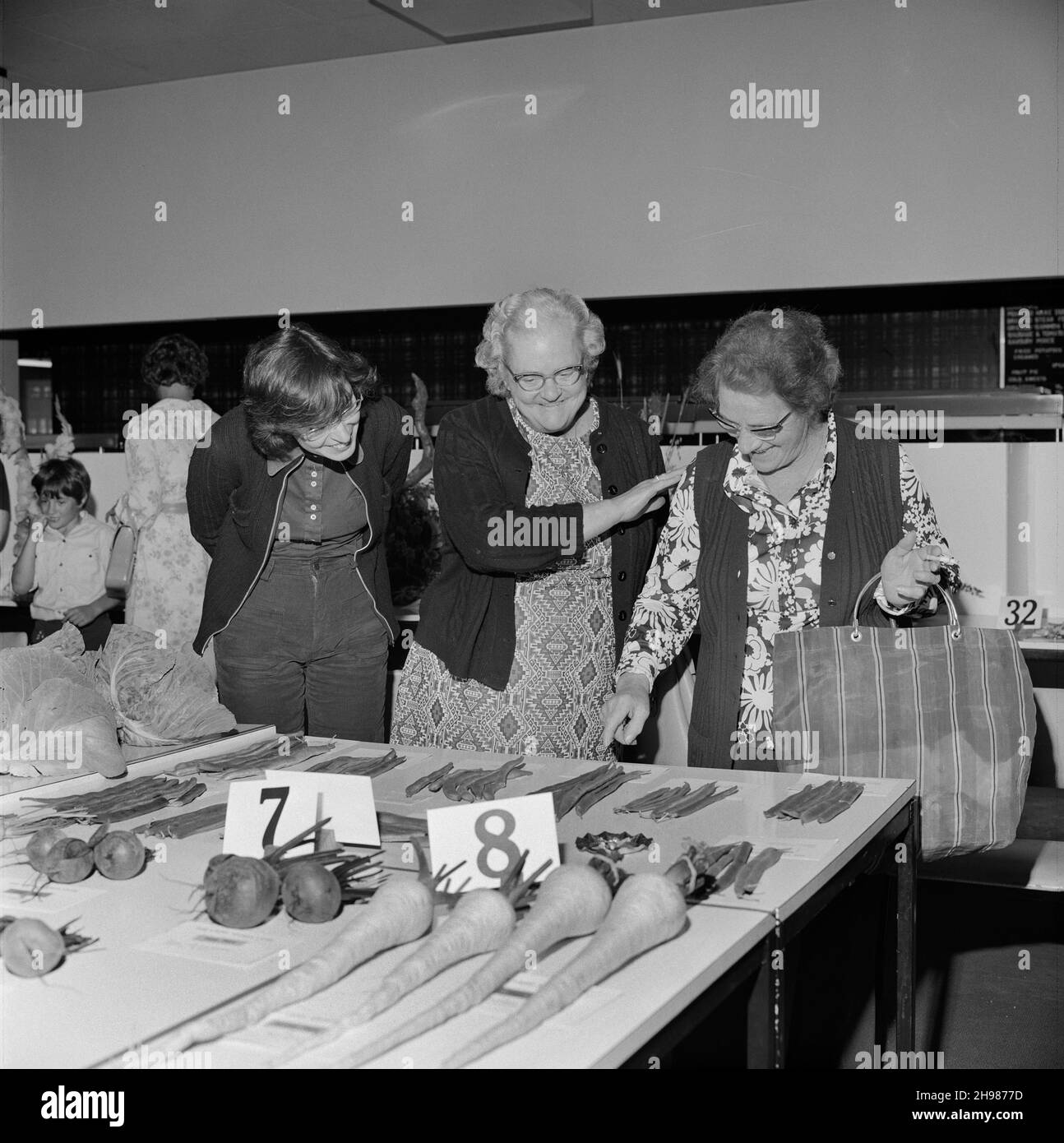 John Laing and Son Limited, Page Street, Mill Hill, Barnet, Londra, 14/09/1974. Tre donne che ammirano i fagioli runner in mostra al 15° Salone annuale dell'orticoltura e dell'Artigianato di Laing. Foto Stock