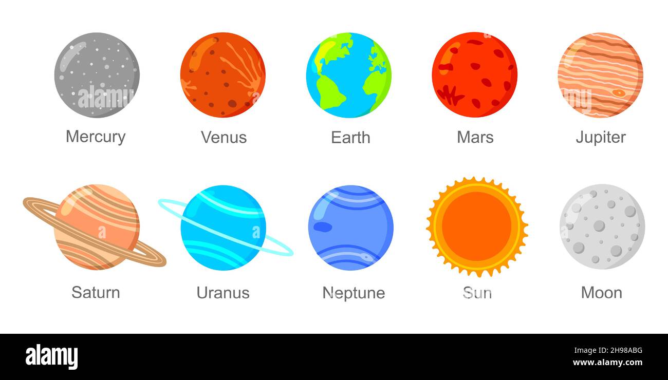 Pianeti del sistema solare, icone Sole e Luna isolate su sfondo bianco. Set di elementi dell'universo. Bambini planetaria. Illustrazione di un cartoon vettoriale. Illustrazione Vettoriale