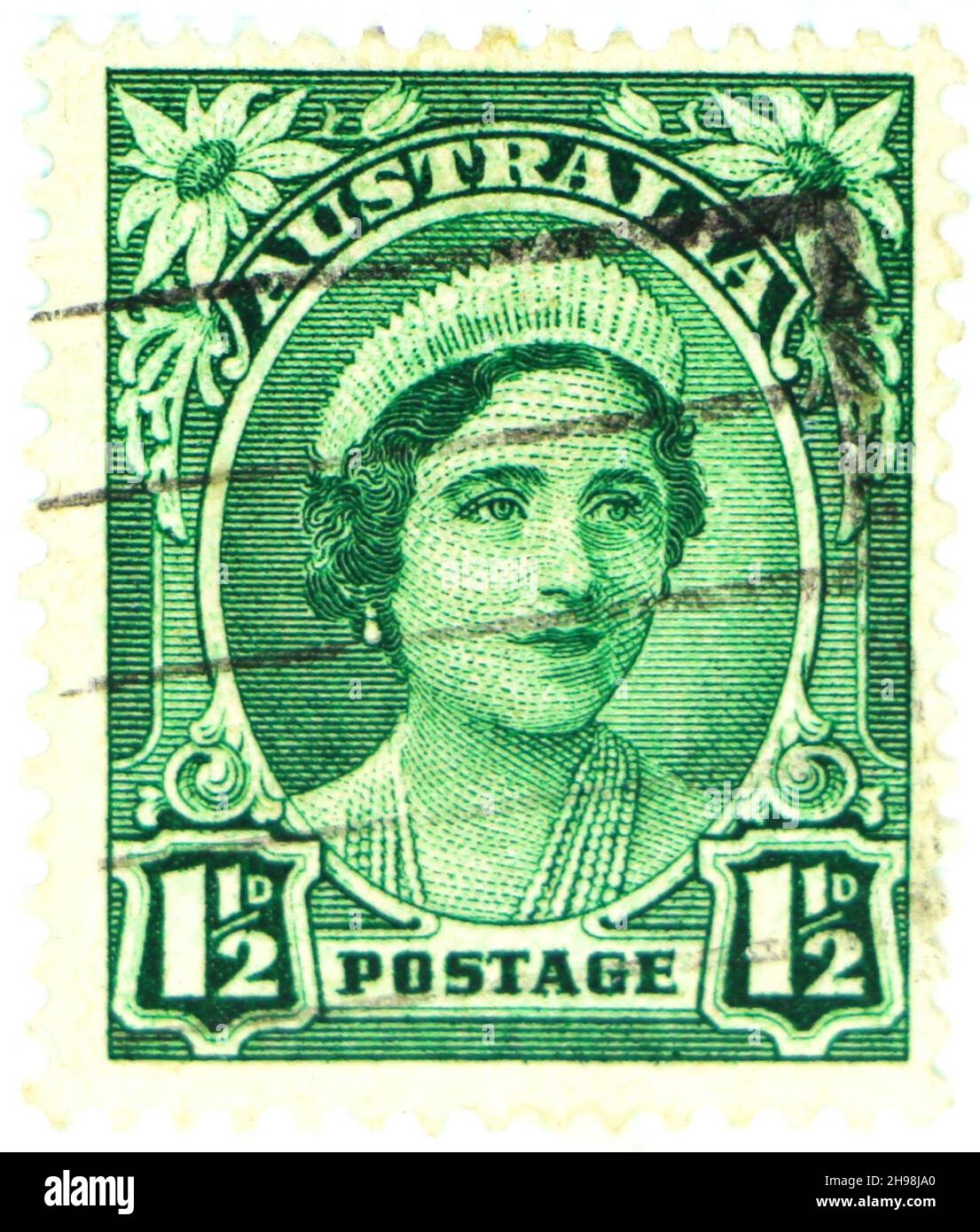Foto di un francobollo australiano del 1 1/2D con la regina Elisabetta la madre della regina Foto Stock
