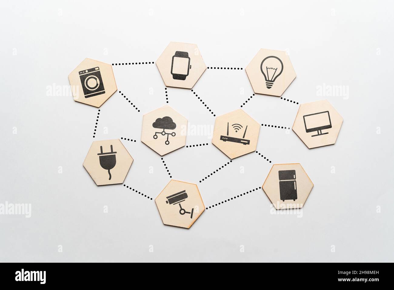 Concetto IoT o Internet delle cose. Concetto di Internet delle cose. Controllo remoto di sicurezza, apparecchiature e casa intelligente. Foto Stock