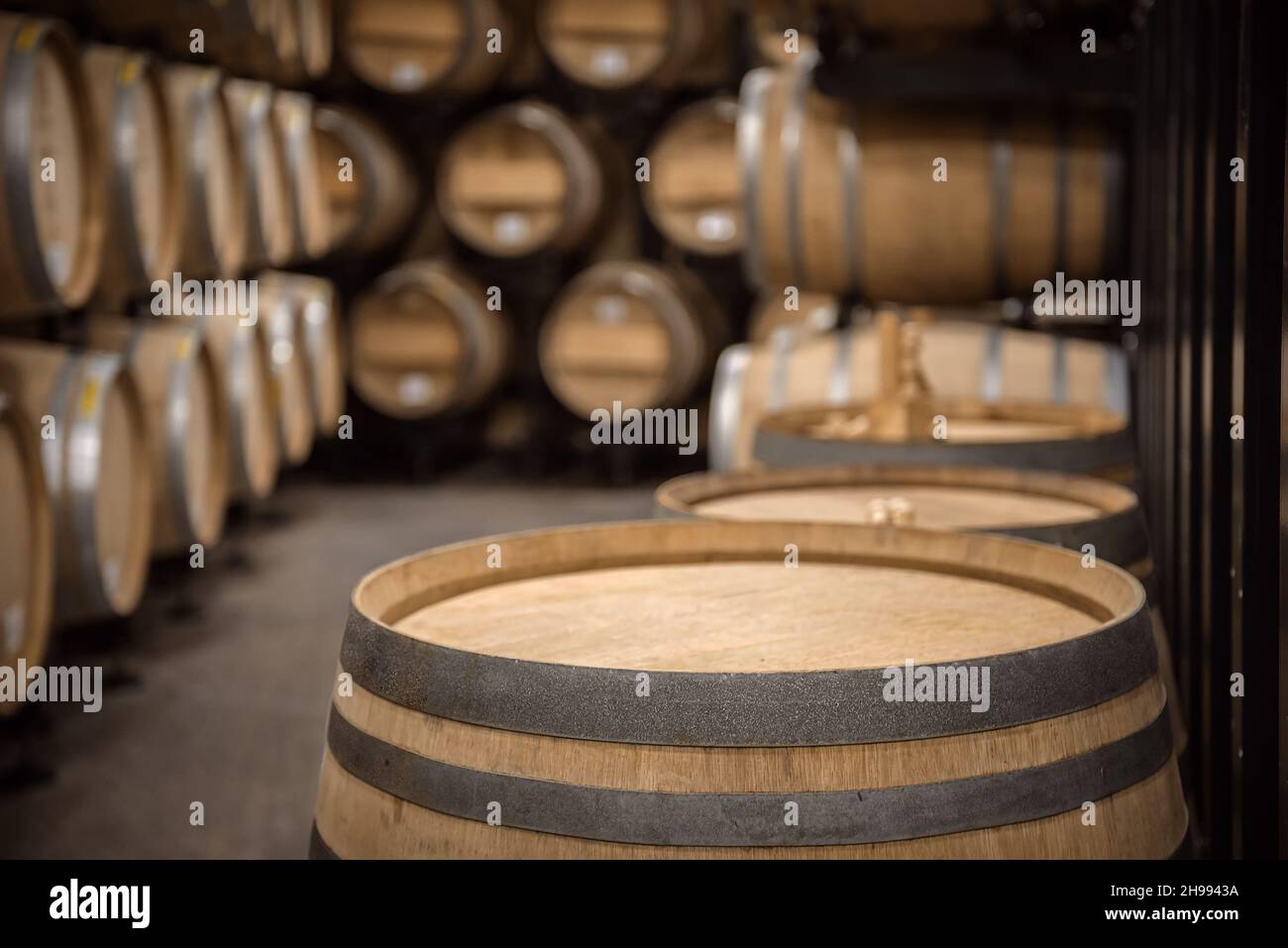 Parte superiore della botte di rovere di fronte all'interno di una cantina di vini focalizzata Foto Stock