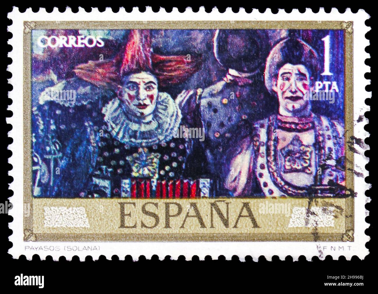 MOSCA, RUSSIA - 7 NOVEMBRE 2021: Francobollo stampato in Spagna mostra 'Clown', Pittori- Jose Gutierrez Solana serie, circa 1972 Foto Stock