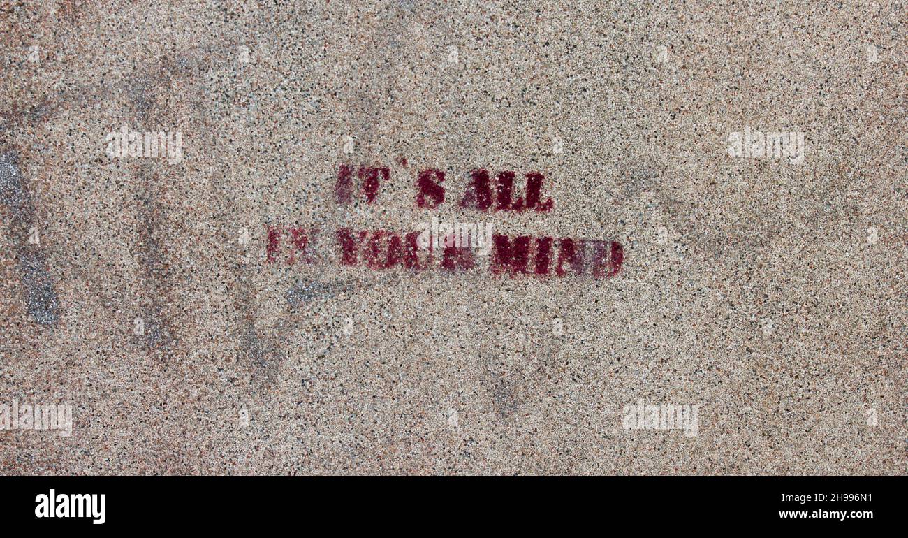 Graffiti su un muro che fa riferimento alla salute mentale. Frase sprezzante. Tutto nella sua mente. Immaginato. Foto Stock