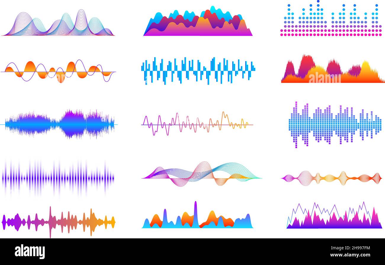 Onde sonore impostate. Suoni di onde vocali, grafico di impulsi musicali. Interfaccia lettore musicale vibrante, segnale digitale a impulsi audio. Vettore esatto della frequenza della forma d'onda Illustrazione Vettoriale