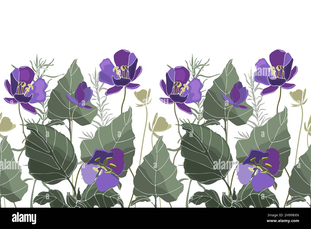 Motivo floreale vettoriale senza cuciture, bordo. Design panoramico orizzontale con fiori viola e foglie verdi. Illustrazione Vettoriale