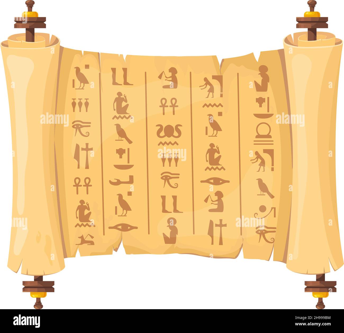 Papiro egizio scorrimento. Antichi geroglifi egizi su carta vecchia, egitto storico manoscritto archeologico con faraone e piramide, vettore cartoon pulito. Illustrazione di vecchio papiro antico Illustrazione Vettoriale