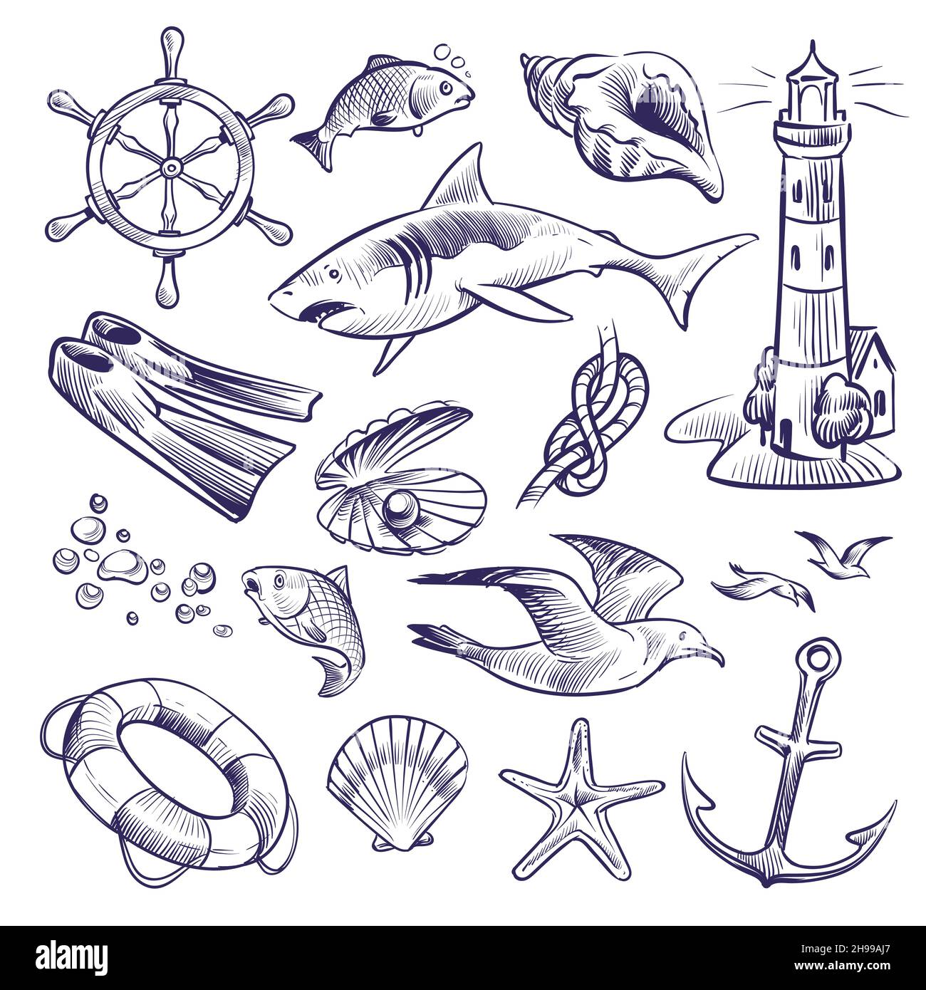 Set marino disegnato a mano. Mare oceano viaggio faro squalo nodo shell lifbuoy Seagull ancora volante Illustrazione Vettoriale