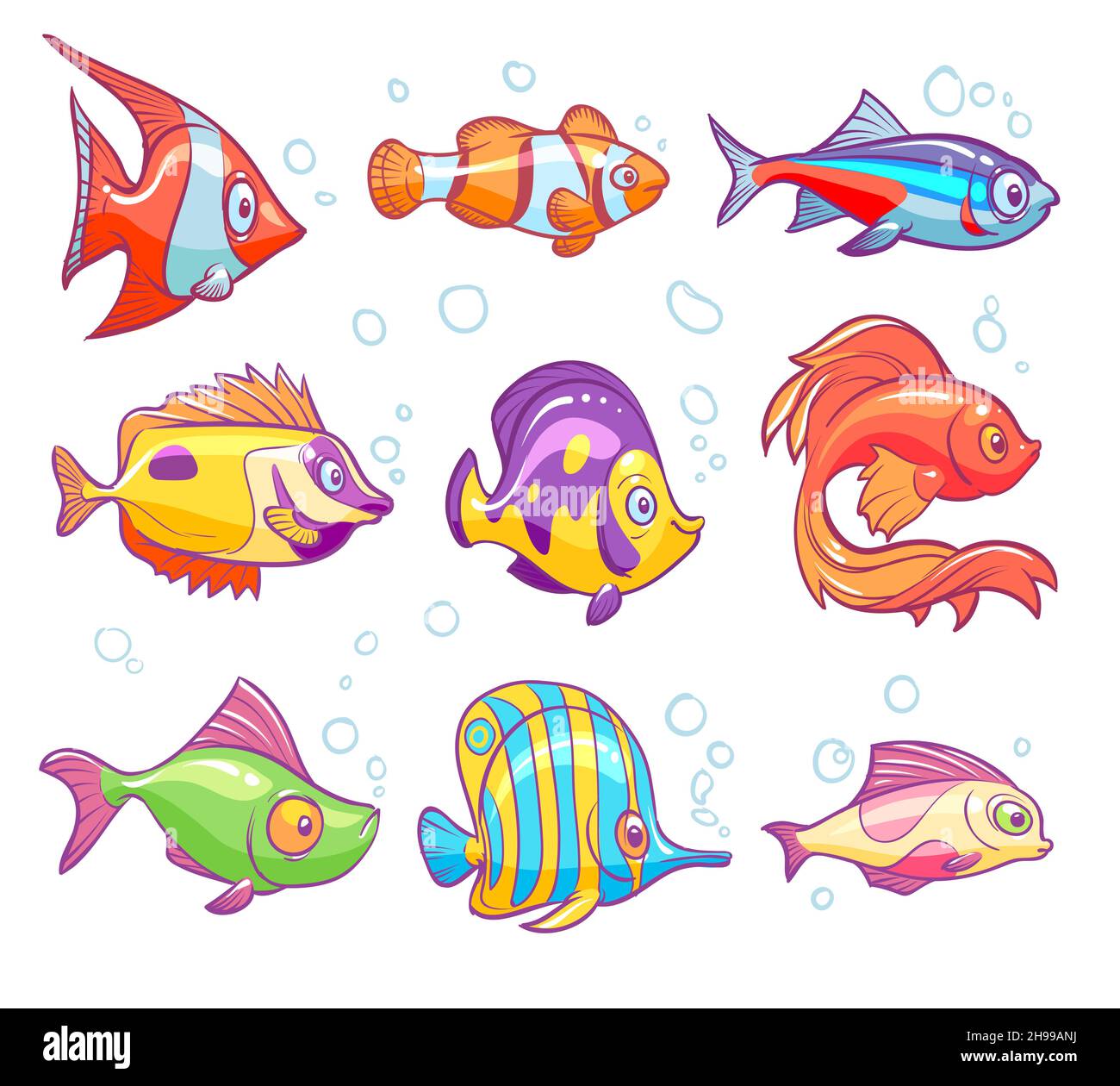 Pesci cartoni animati. Acquario mare tropicale pesci divertenti subacquei animali. Goldfish Kids vettore isolato set Illustrazione Vettoriale