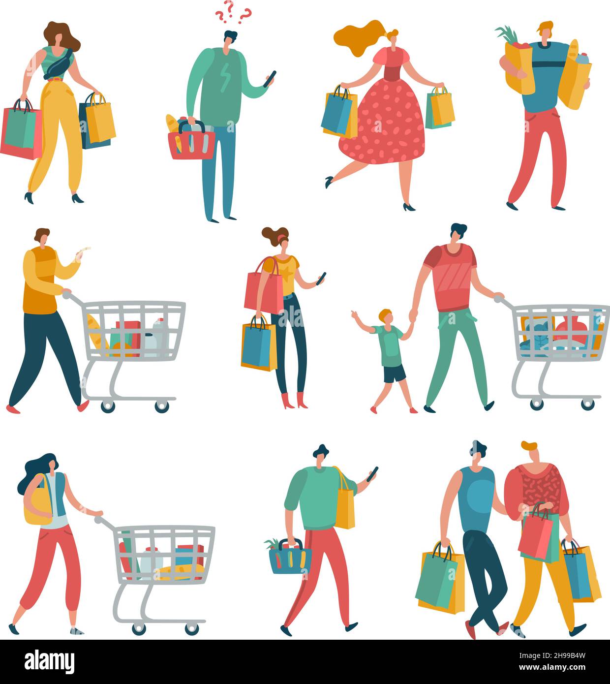 Shopping gente set. Uomo donna negozio di famiglia carrello consumare stile di vita negozio di acquisto shopping shopaholic femmina Mall shopper Illustrazione Vettoriale
