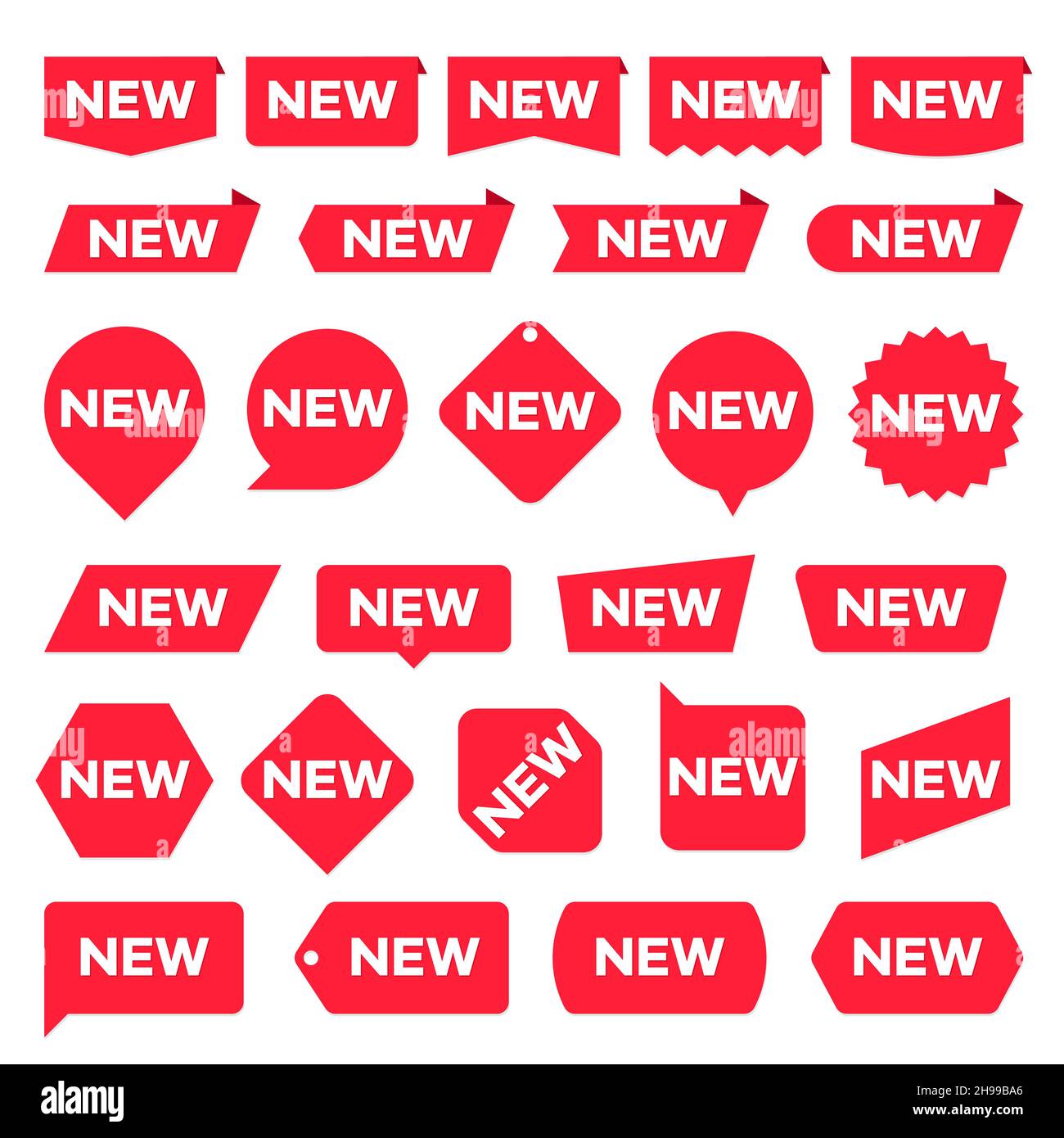 Nuove etichette rosse. Accento moderno, nuovi adesivi promozionali negozio. Set vettoriale Illustrazione Vettoriale