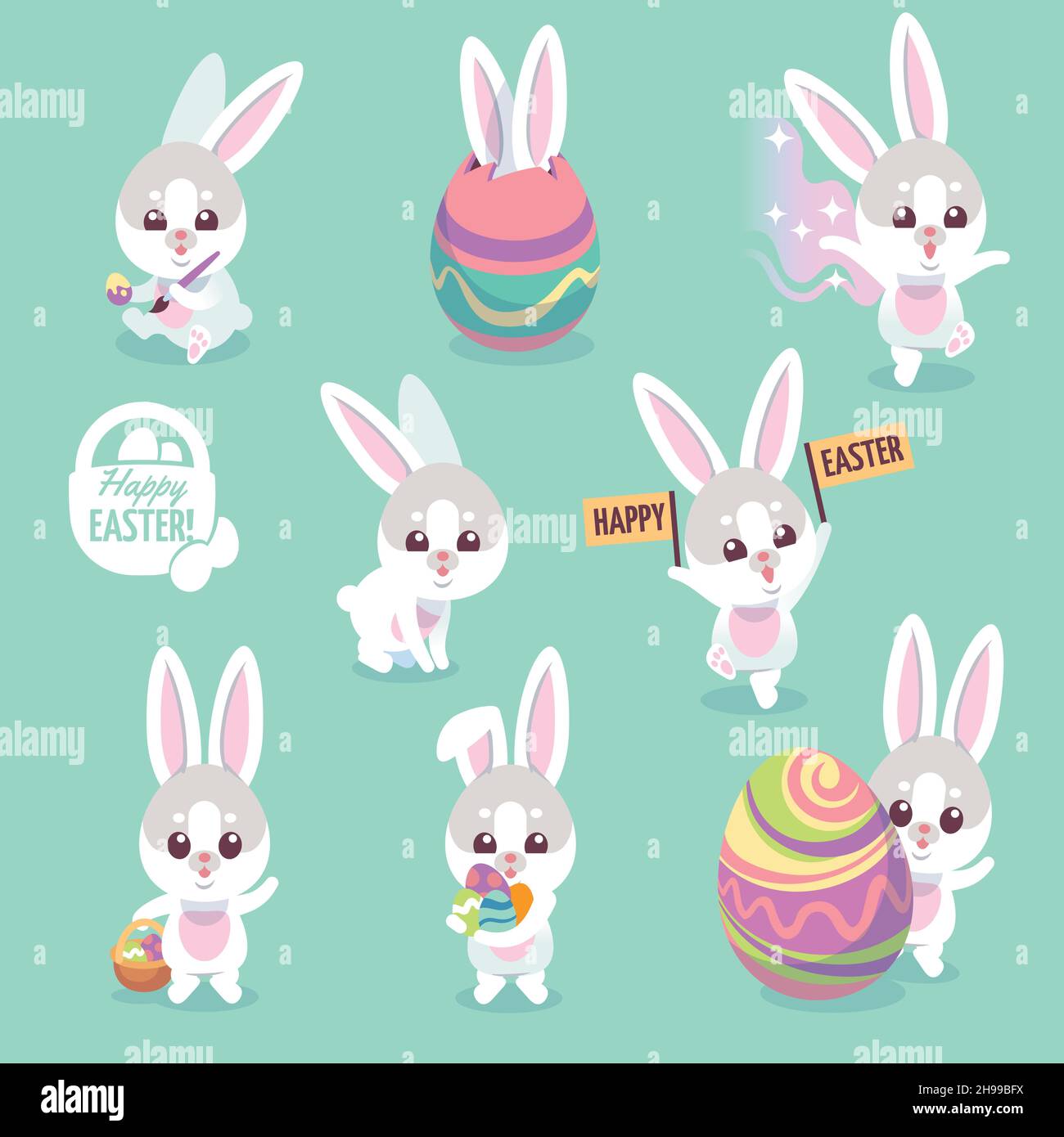 Caratteri coniglietto di Pasqua. Coniglio carino con uovo di pasqua cartone animato coniglietti set vettore Illustrazione Vettoriale