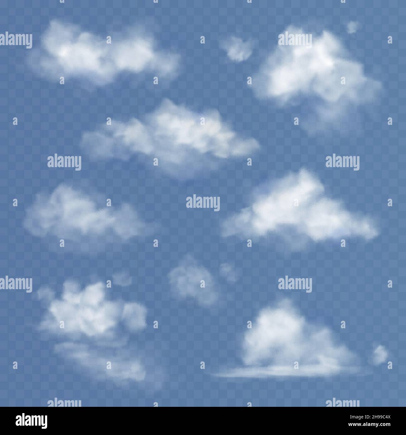 Cloud realistico. Nuvole bianche cielo soffice nebbia nuvoloso isolato su trasparente blu cielo sfondo vettore set Illustrazione Vettoriale