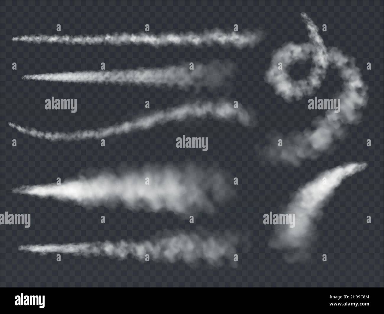 Percorso fumo aereo. Jet trails bianco aereo fumo decollo nube vapore cielo controtendicando razzo condensa set finale Illustrazione Vettoriale