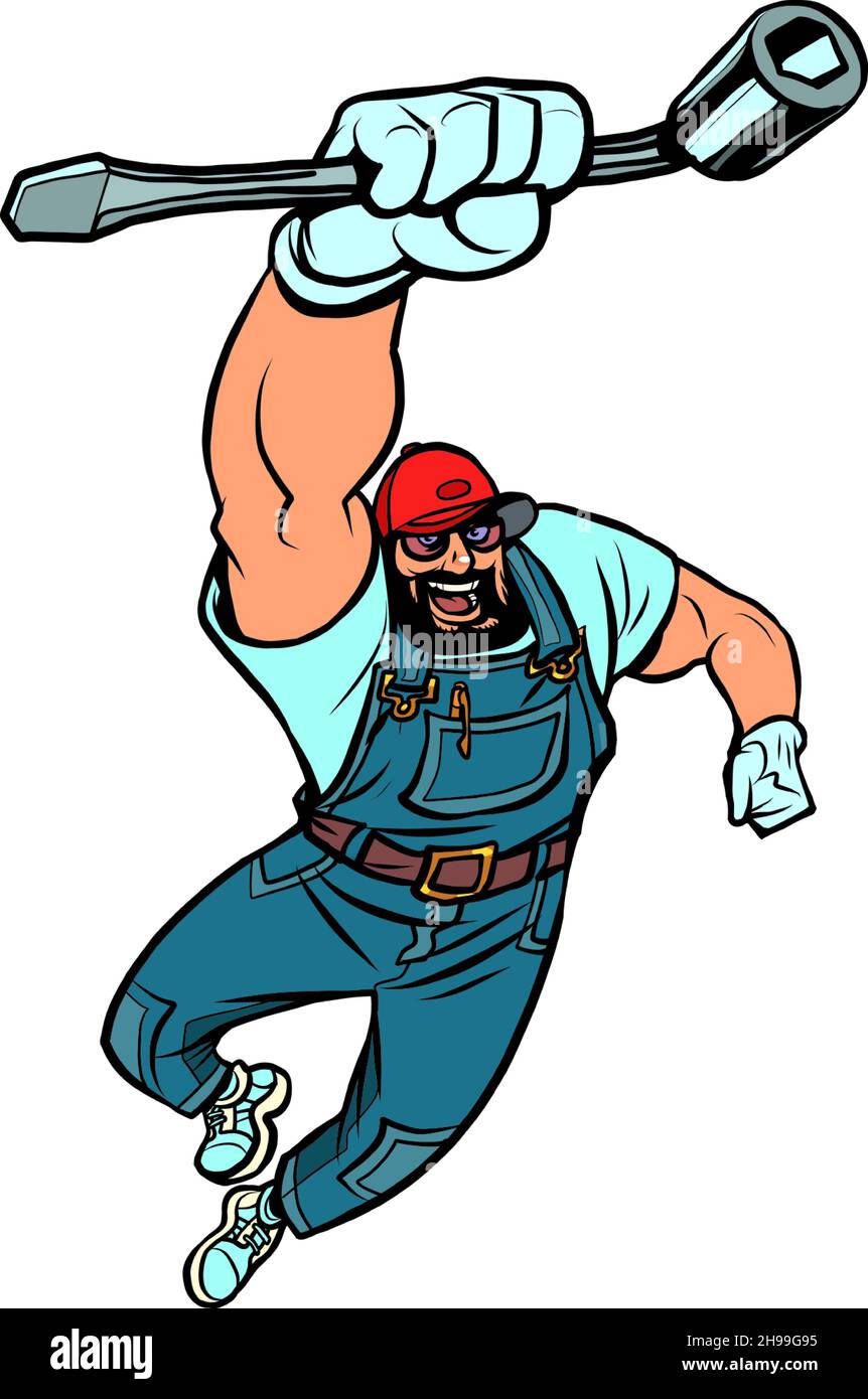 sostituzione ruota per auto meccanica con chiave, servizio di riparazione specializzato Illustrazione Vettoriale