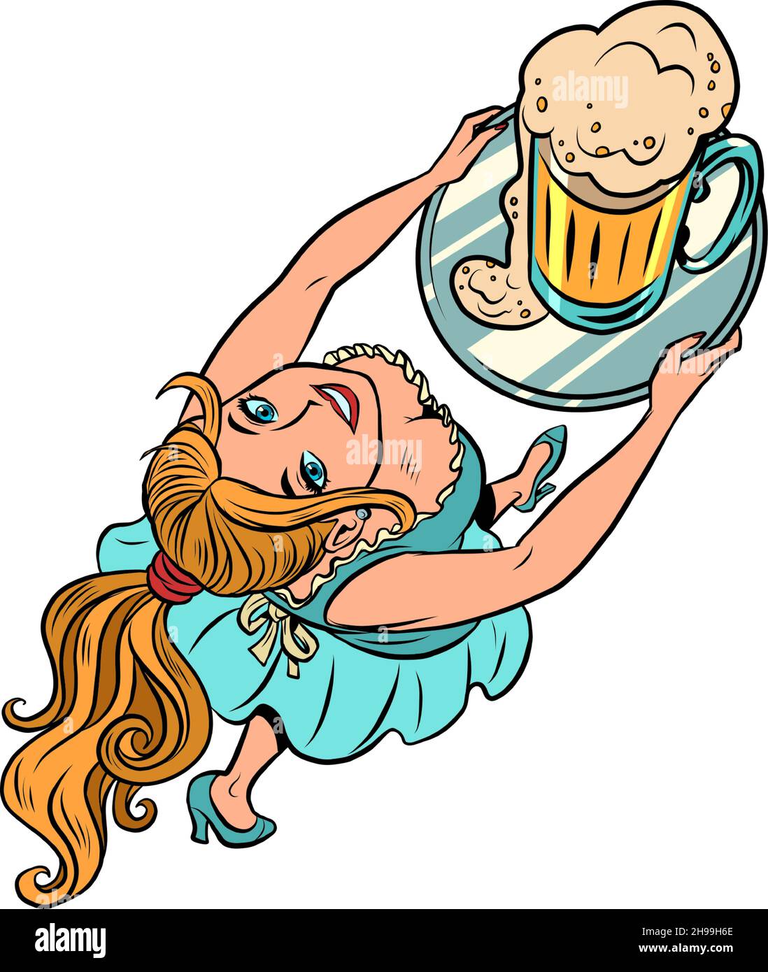 cameriere femminile sorridente con una tazza di birra, oktoberfest, bar pub ristorante Illustrazione Vettoriale