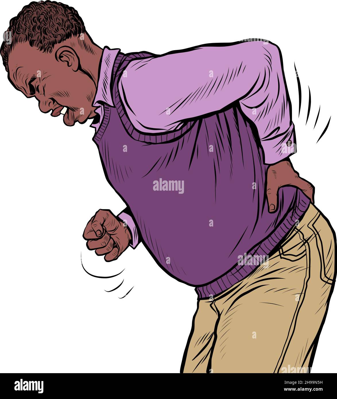 dolore alla schiena dell'uomo anziano africano, osteocondrosi ernia sprain sciatica e altre malattie della spina dorsale e degli organi interni Illustrazione Vettoriale