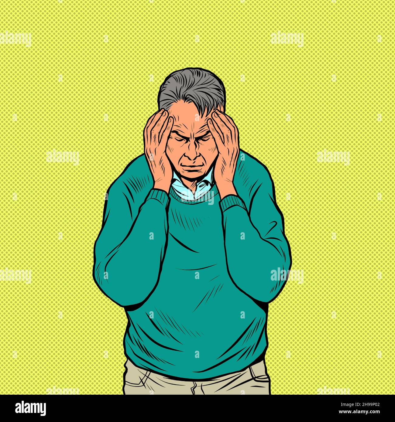 un uomo anziano mal di testa, sintomi medici emicrania cancro ipertensione meningite ictus o altre malattie Illustrazione Vettoriale