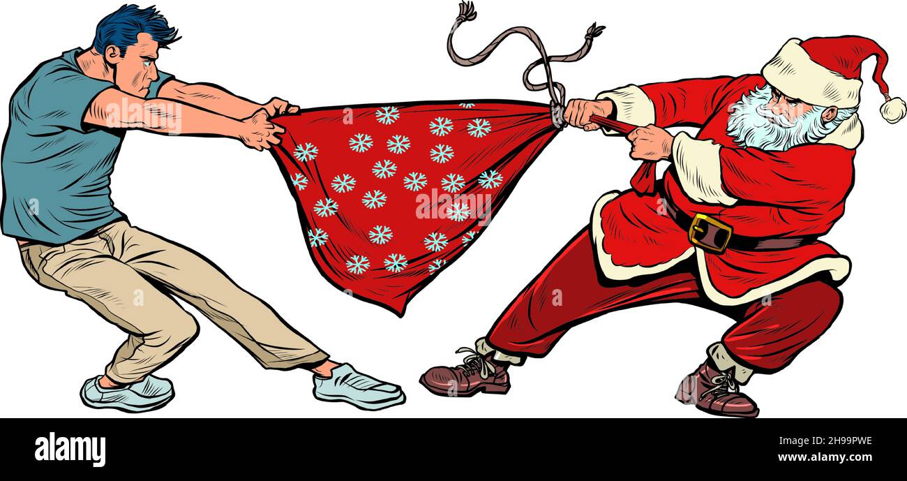 Un uomo prende un sacchetto dei regali da Babbo Natale. Vacanze invernali di Natale e Capodanno Illustrazione Vettoriale