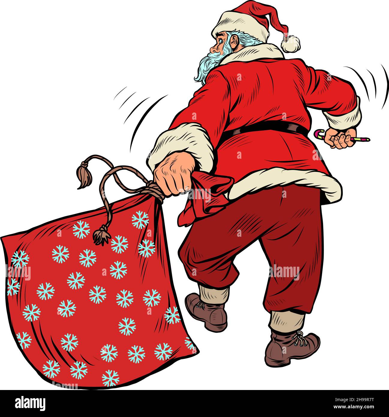 Babbo Natale con una borsa vuota di regali. Vacanze invernali di Natale e Capodanno Illustrazione Vettoriale